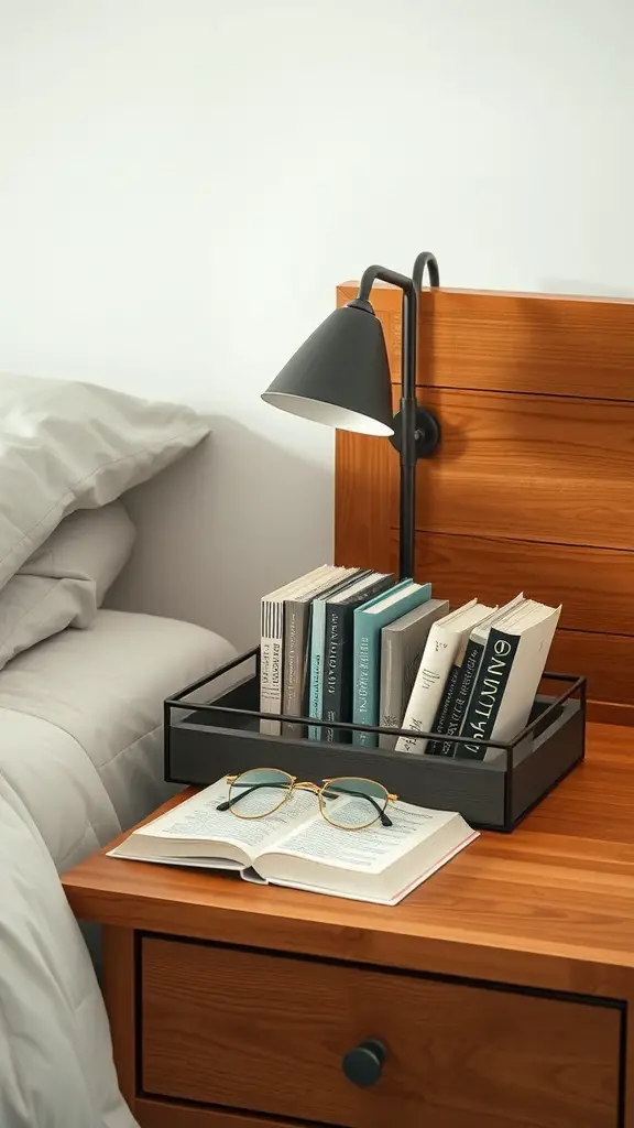 15 Creative Bedroom Storage Ideas for a Clutter-Free Space 8 A bedside caddy with books and glasses on a wooden nightstand.