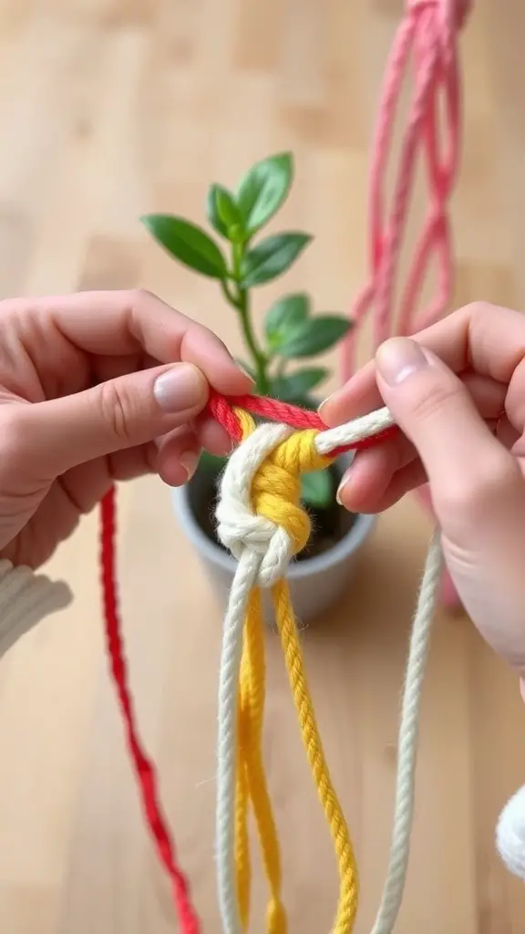 19 Stunning DIY Macrame Plant Hangers to Elevate Your Home Decor 8 Hands tying colorful cords to create a macrame plant hanger.