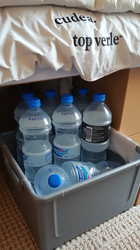 15+ Creative Ways to Store Your Water Bottles 5 A gray storage bin filled with water bottles placed beneath a bed.