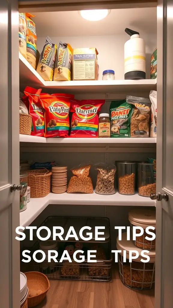 19+Essential Dog Food Storage Solutions You Need 9 Organized pantry with various bags of dry dog food and storage tips displayed