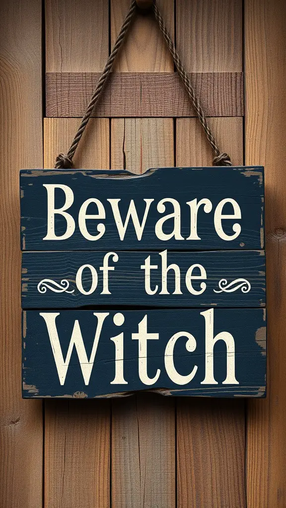 A wooden sign that reads 'Beware of the Witch' hanging on a wooden wall.