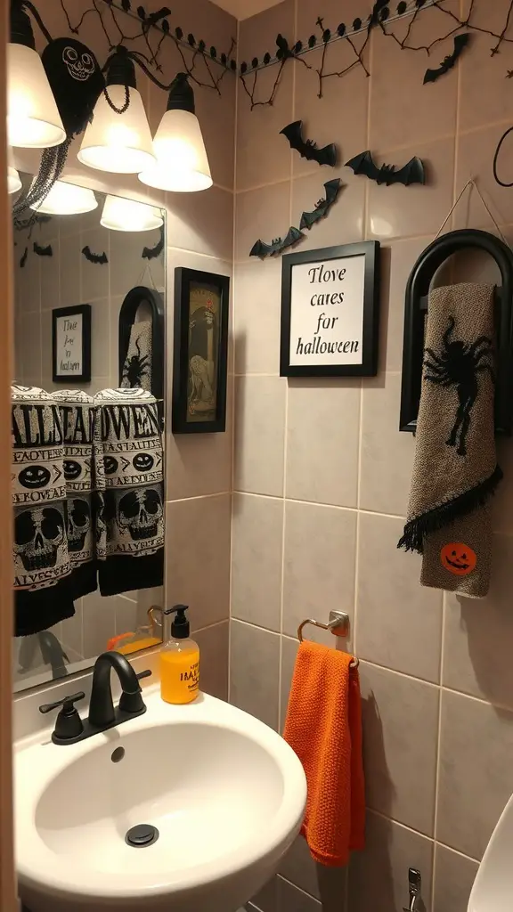 A decorated bathroom for Halloween featuring themed towels, a framed sign, and bat decorations.