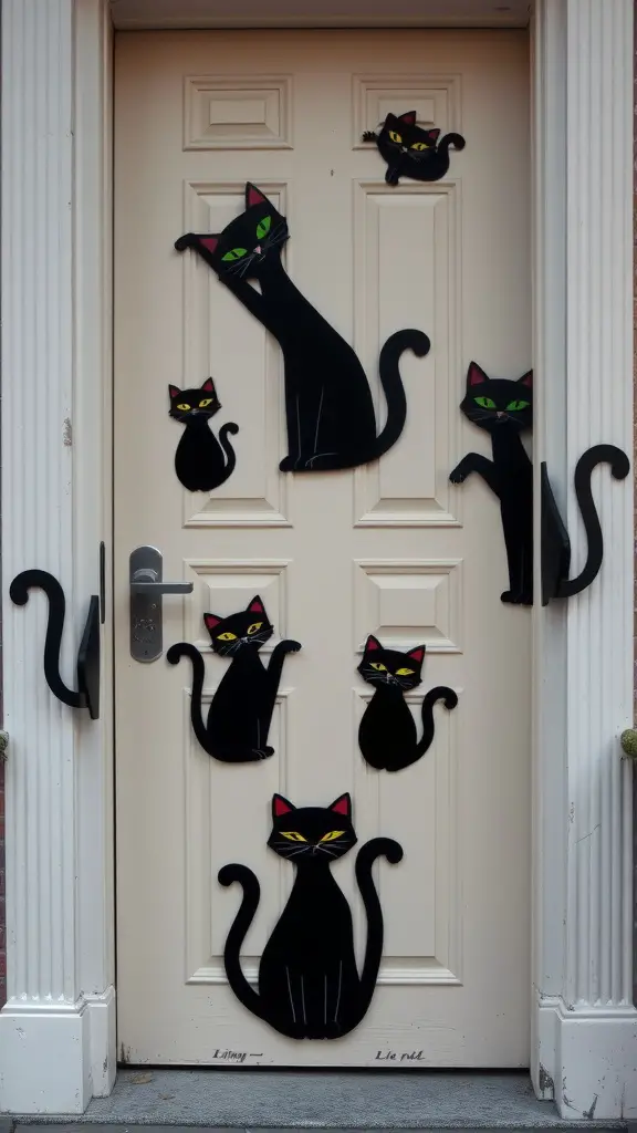 A door decorated with various black cat cutouts in different poses.