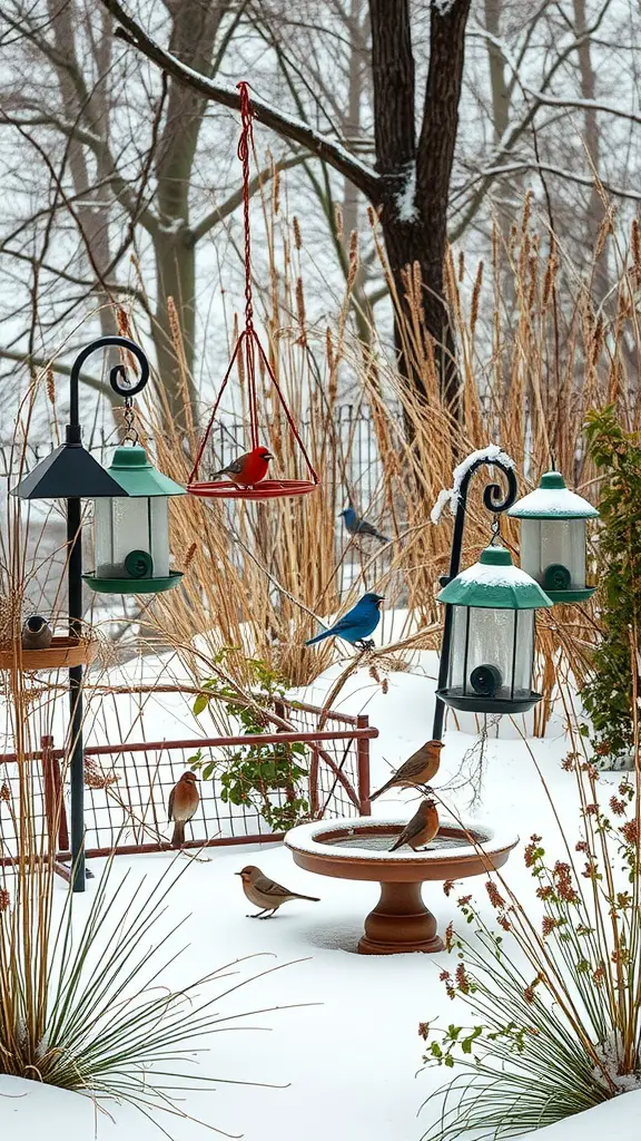 A winter garden with various bird feeders and birds gathered around them, surrounded by snow and tall grasses.