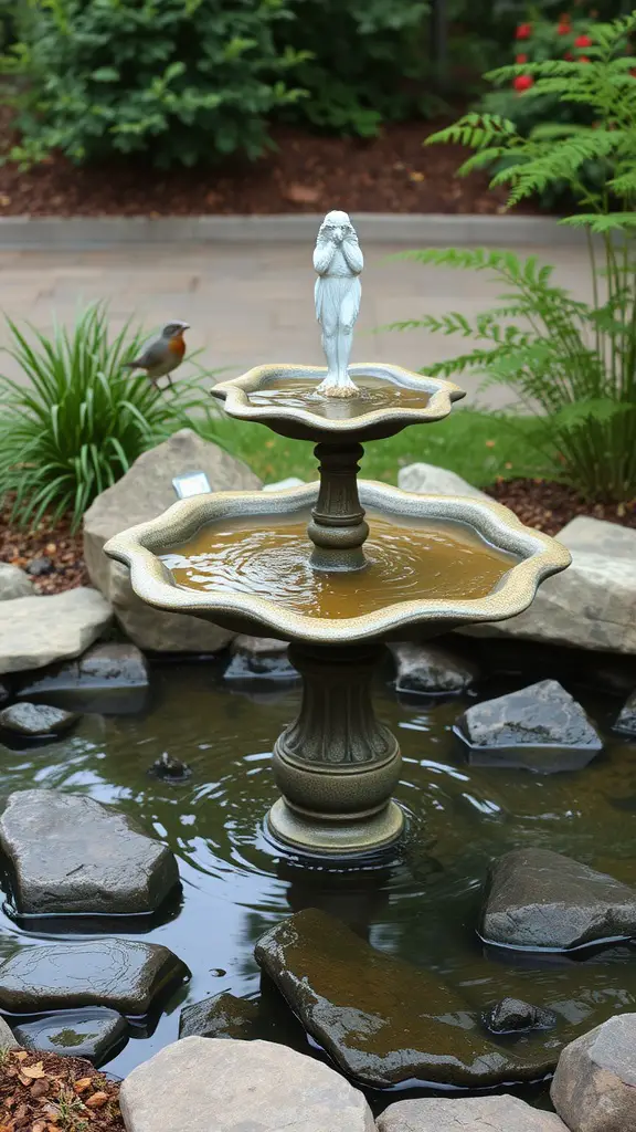 21 Creative Bird Bath Ideas for Stunning Landscaping 2 A two-tiered bird bath fountain surrounded by stones and greenery