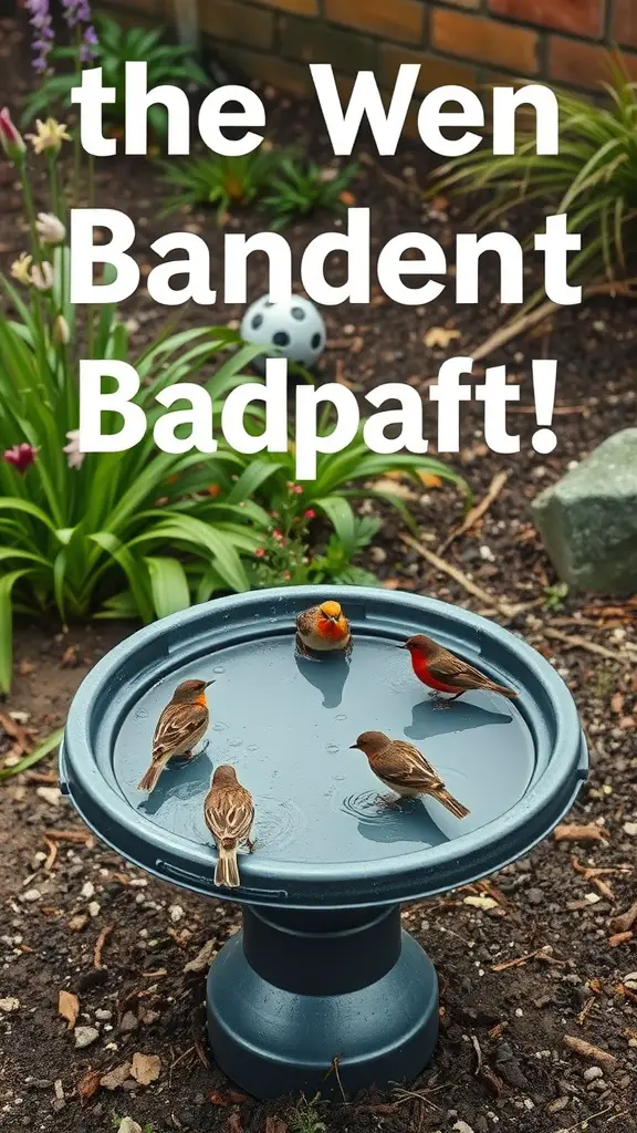 A DIY bird bath made from a trash can lid with birds enjoying the water.