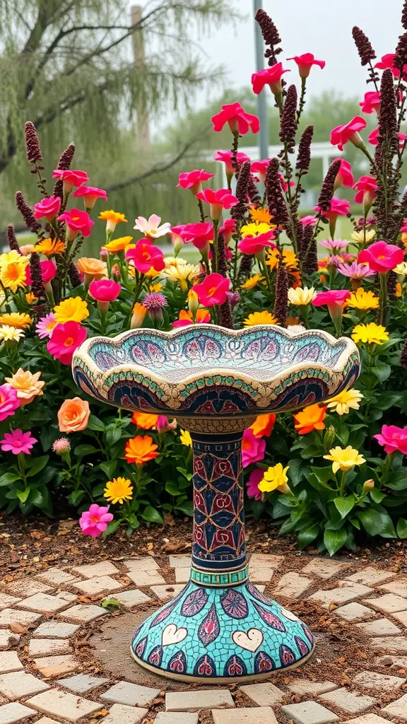 21 Creative Bird Bath Ideas for Stunning Landscaping 14 A decorative mosaic bird bath surrounded by colorful flowers in a garden.