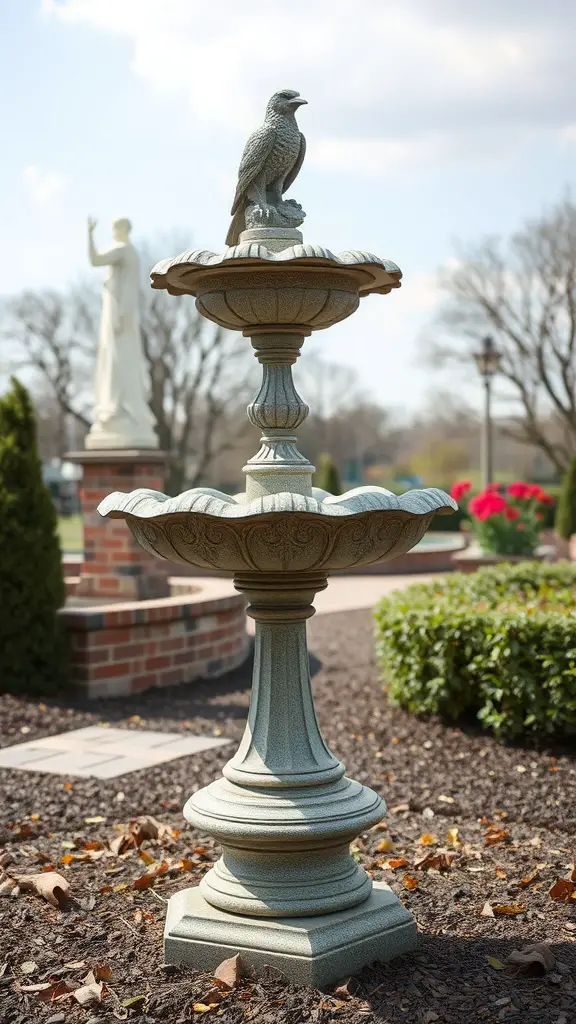 21 Creative Bird Bath Ideas for Stunning Landscaping 17 A decorative bird bath with a bird statue on top, surrounded by greenery and flowers.