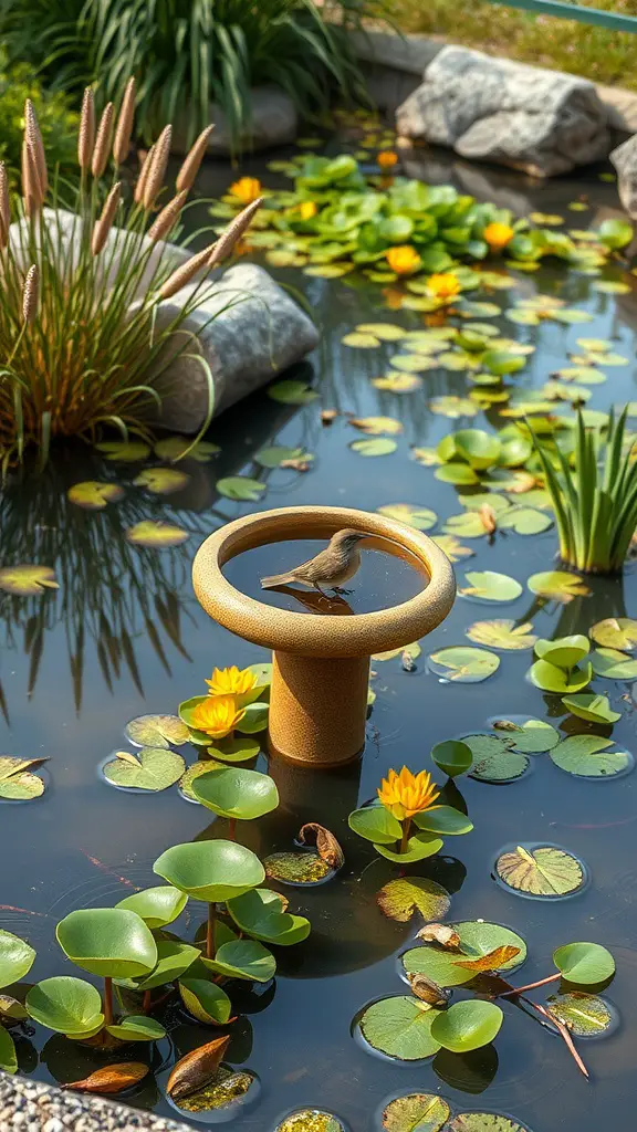 21 Creative Bird Bath Ideas for Stunning Landscaping 16 A bird bath integrated with a natural pond, surrounded by water lilies and greenery.