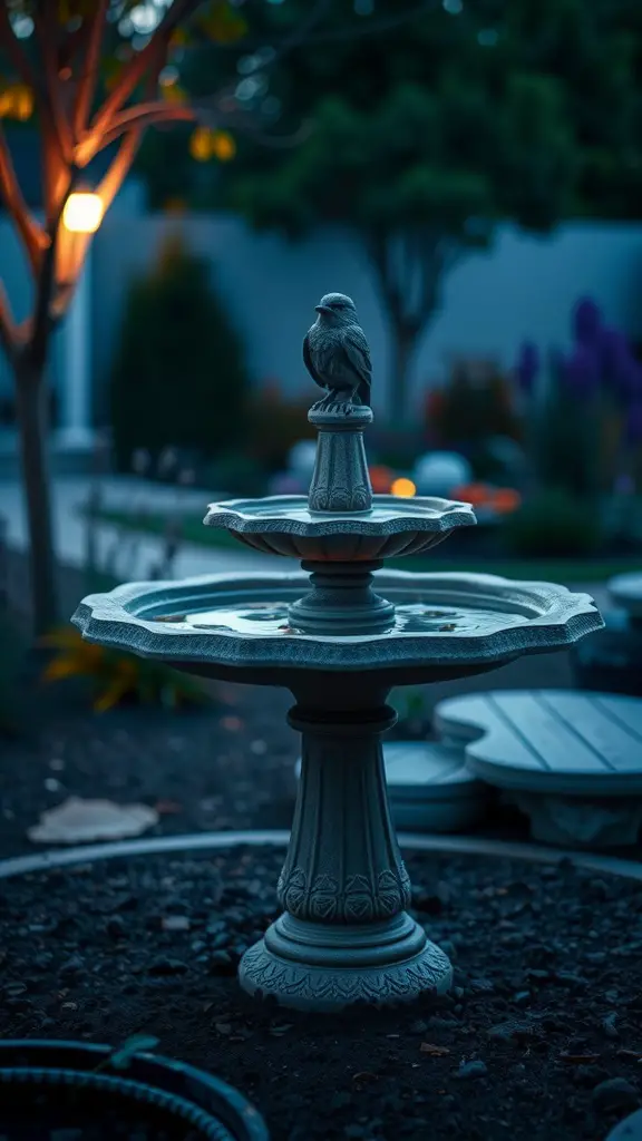 21 Creative Bird Bath Ideas for Stunning Landscaping 12 A decorative bird bath with a bird sculpture, illuminated by solar lights in a garden setting.