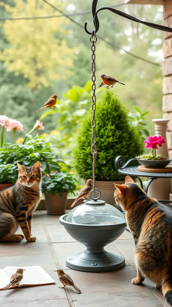 21 Creative Cat Friendly Patio Ideas for the Purrfect Outdoor Space 17 Two cats watching birds at a bird feeder on a patio surrounded by plants and flowers.