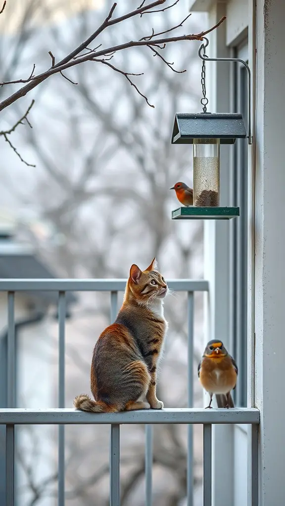 21 Creative Cat Balcony Ideas for a Purr-fect Outdoor Retreat 13 A cat sitting on a balcony watching a bird at a feeder.