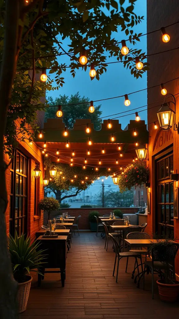23+ Creative Patio String Light Ideas to Transform Your Outdoor Space 4 A cozy patio illuminated with bistro-style string lights, featuring tables and greenery.