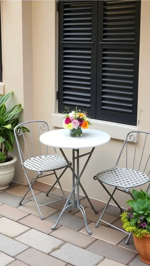 29 Creative Small Patio Decorating Ideas You’ll Love 7 A small bistro table with two chairs, decorated with a vase of flowers, surrounded by potted plants.
