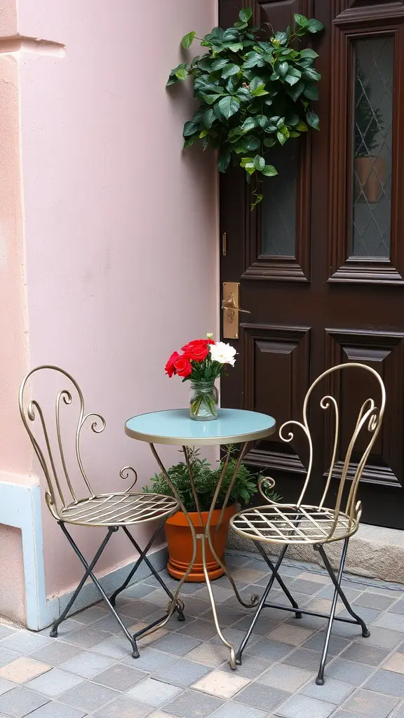 15 Creative Tiny Patio Ideas for Your Outdoor Space 9 A small bistro table set-up with two decorative chairs and a vase of flowers on a patio.