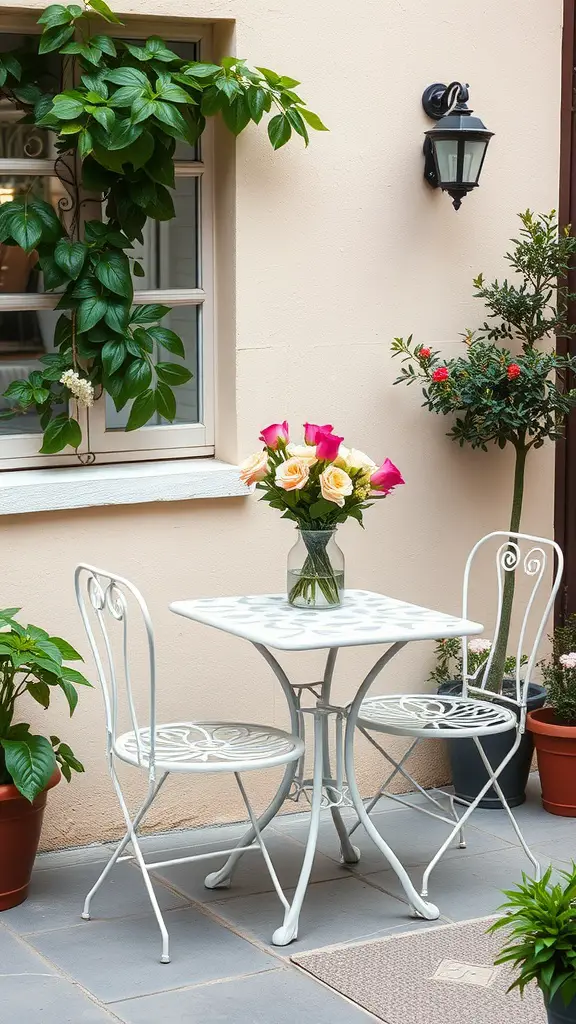 15 Charming Small Outdoor Patio Ideas for a Cozy Retreat 7 A charming bistro table setup with two chairs, surrounded by potted plants and a vase of flowers.