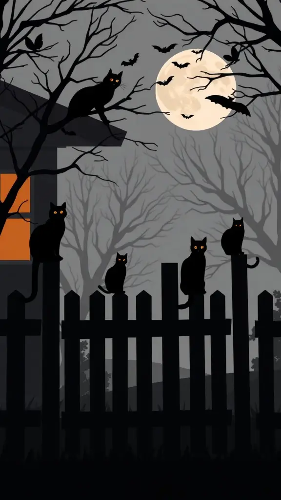 Silhouettes of black cats on a fence under a full moon with bats flying in the background.