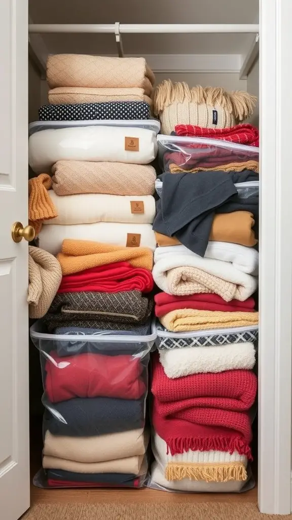 Organized closet with neatly folded blankets in clear storage bags
