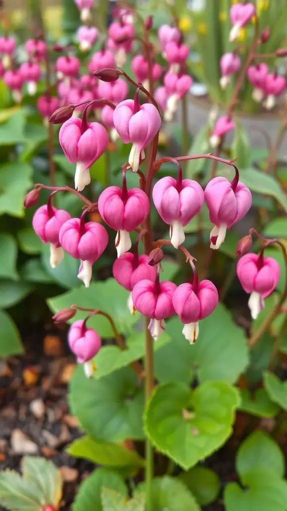 A cluster of pink Bleeding Heart flowers with heart-shaped blooms and green leaves.