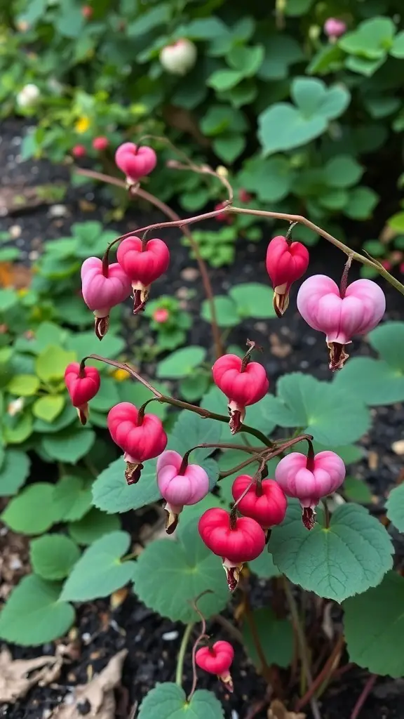 19 Stunning Perennial Plants for Your Garden 14 A cluster of pink and white heart-shaped flowers on a Bleeding Heart plant, surrounded by green leaves.