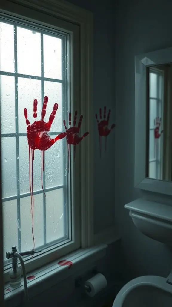 29 Spook-tacular Halloween Bathroom Decor Ideas 3 Bloody handprint window clings on a bathroom window with a spooky atmosphere.