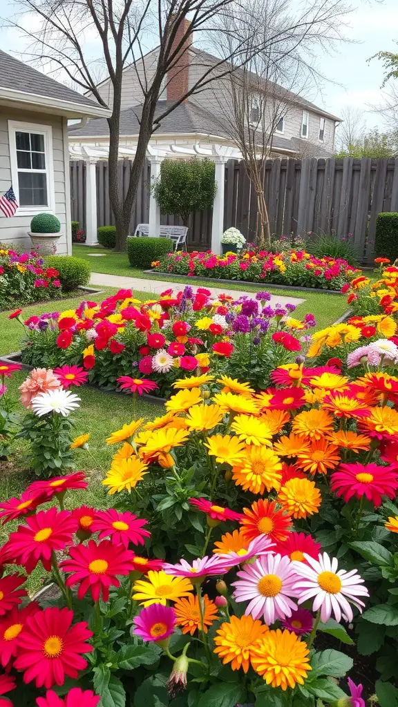 17 Inspiring Backyard Decorating Ideas to Transform Your Outdoor Space 15 Colorful flower beds with pink, yellow, and orange flowers in a backyard setting.