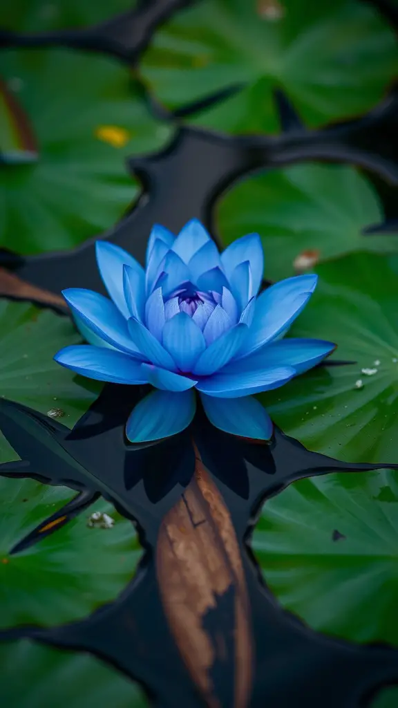 A blue lotus flower floating on dark water, surrounded by green lily pads.