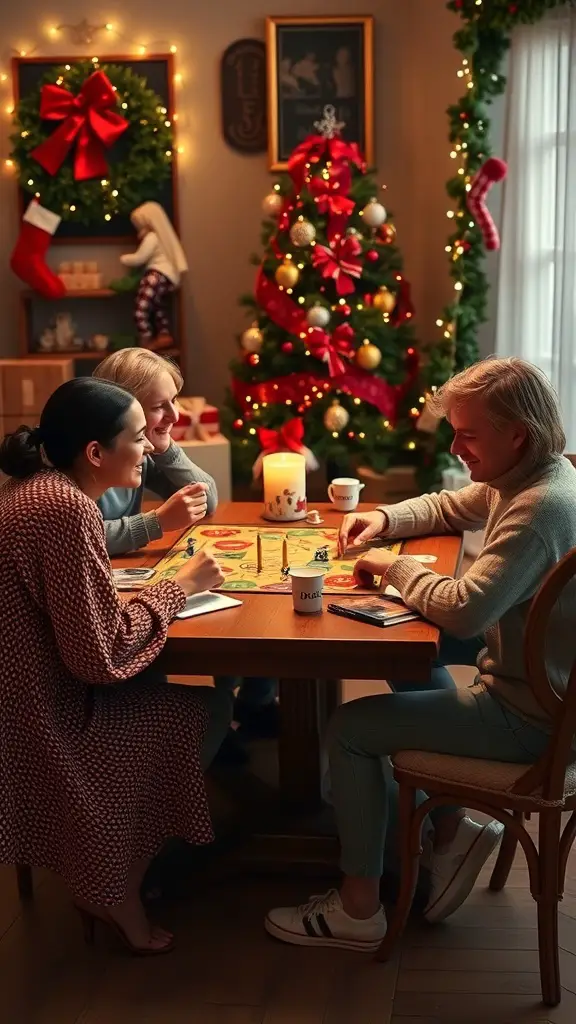 Three people playing a board game at a festive table with Christmas decorations.