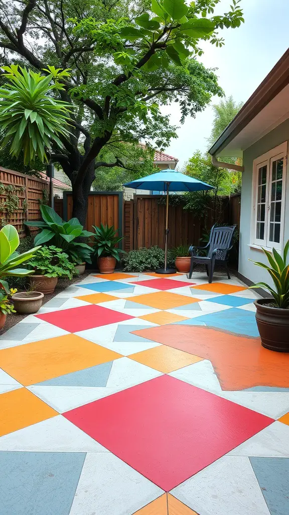 45 Creative Paint Ideas for Your Concrete Patio 4 A colorful concrete patio with bold geometric patterns in red, orange, blue, and gray, surrounded by plants and outdoor furniture.