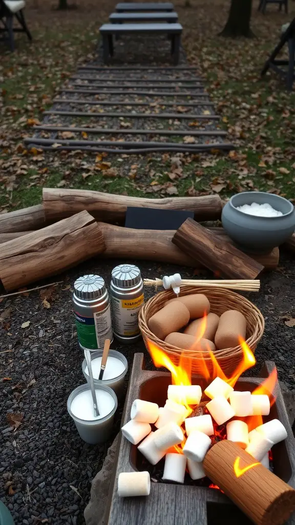 17 Creative Fall-Themed Baby Shower Ideas You’ll Love 14 A cozy bonfire setup with marshmallows, skewers, and a warm fire, perfect for a fall-themed baby shower.