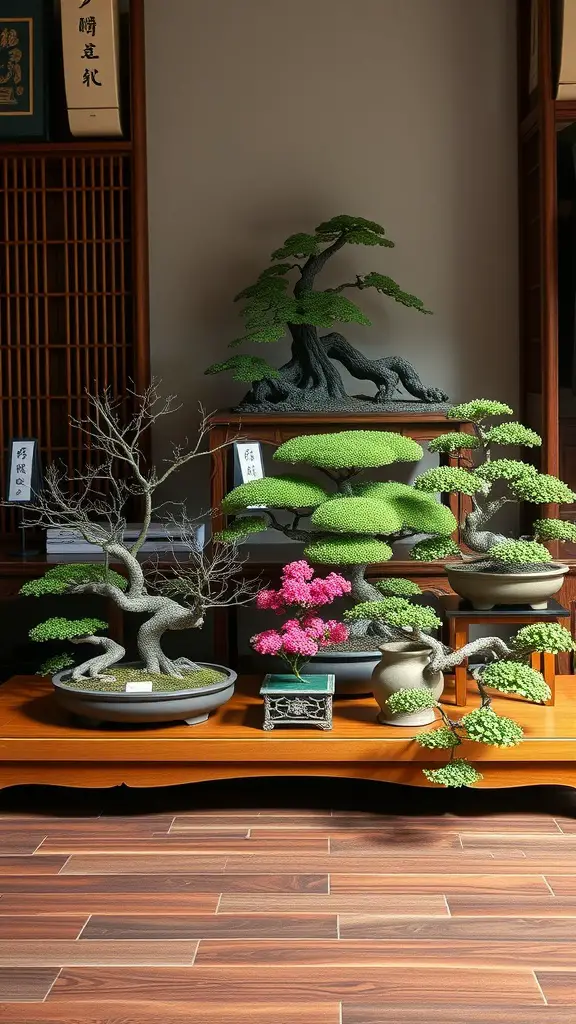 A collection of beautifully arranged bonsai trees on a wooden shelf, showcasing various styles and colors.