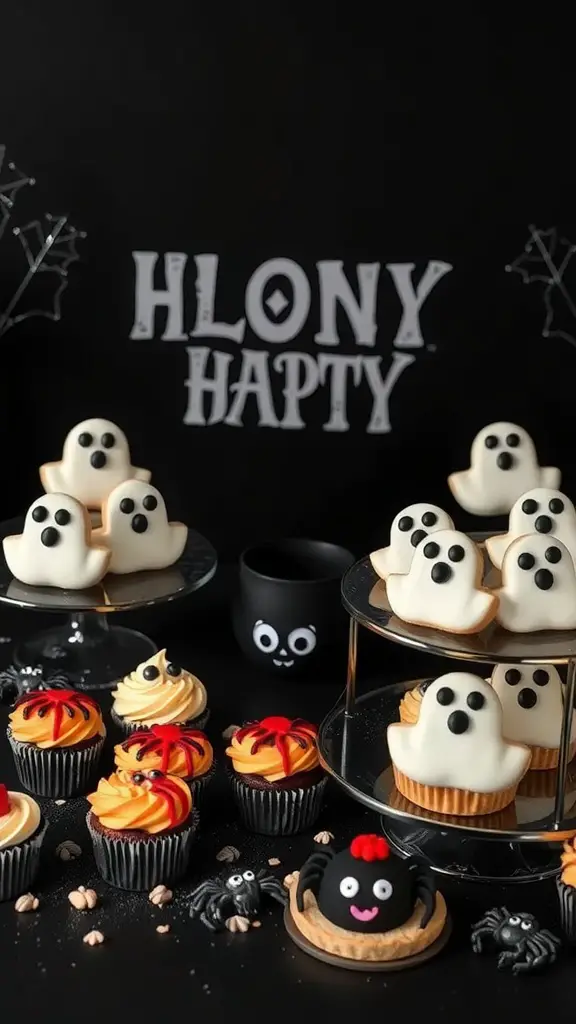19 Spooktacular Items for the Perfect Halloween Tablescape 10 A Halloween dessert display featuring ghost cookies, spider cupcakes, and a black spider dessert on a black background.