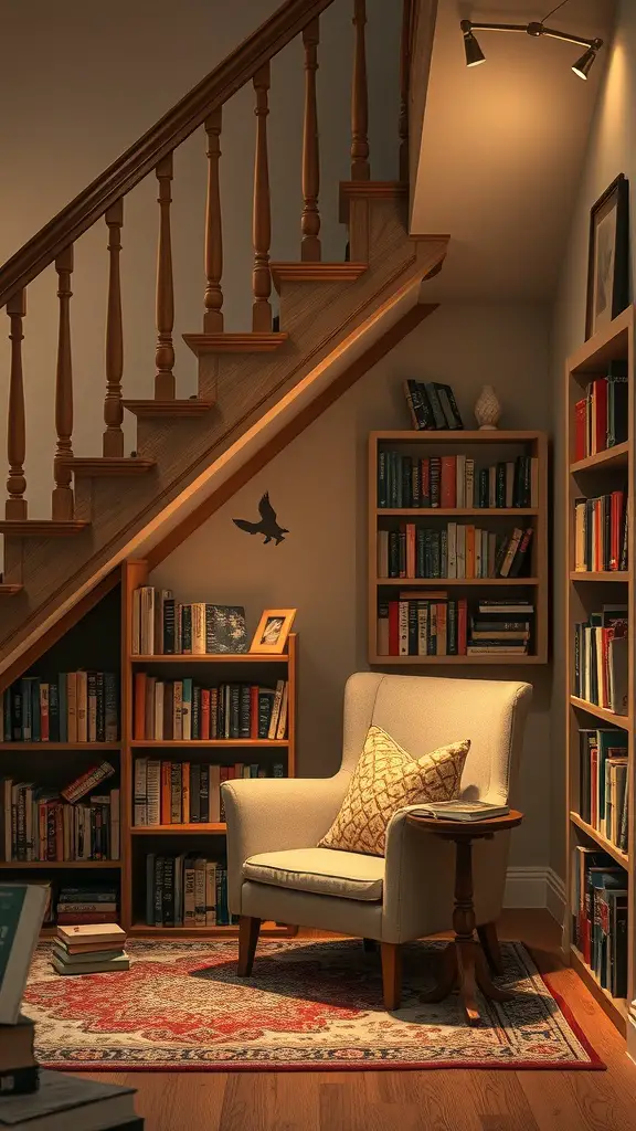 23 Creative Book Storage Ideas for Every Home 13 Cozy book nook under the stairs with a chair, bookshelves, and warm lighting.
