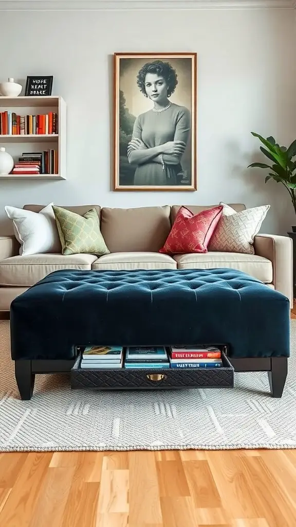 23+ Creative Book Storage Ideas for Every Space 13 A stylish blue tufted ottoman with a drawer containing books, placed in a cozy living room with a sofa and wall art.