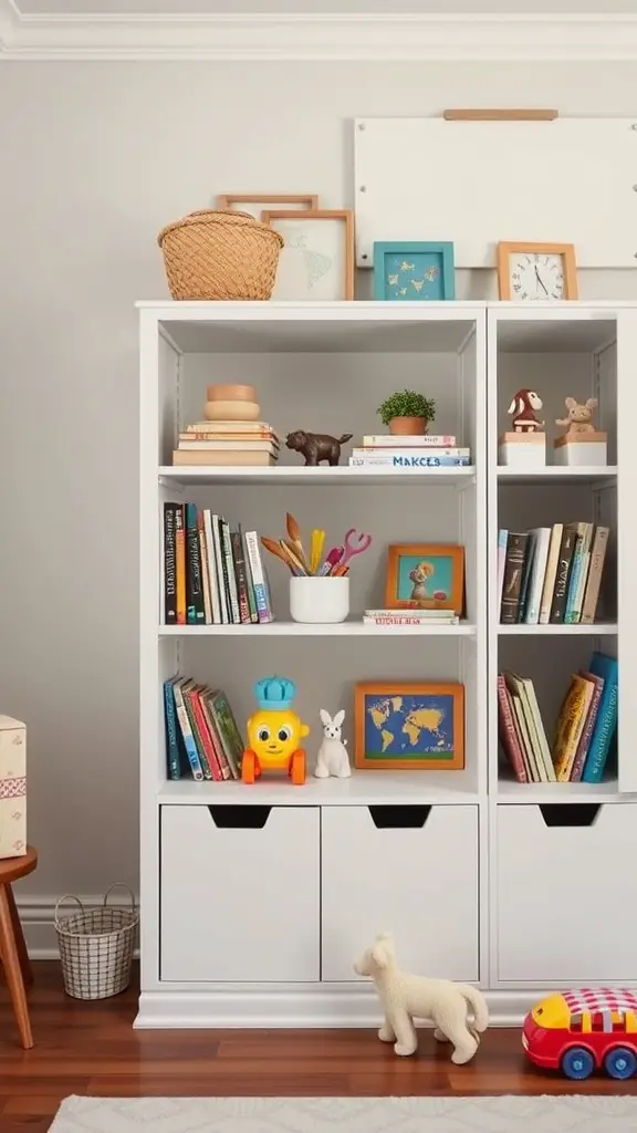 A neatly arranged bookcase with toys and books, featuring colorful bins for storage.
