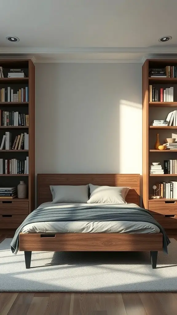 25+Creative Bed Frame with Storage Ideas You’ll Love 4 A cozy bedroom featuring a wooden bed frame with integrated bookshelves on either side, showcasing books and decorative items.