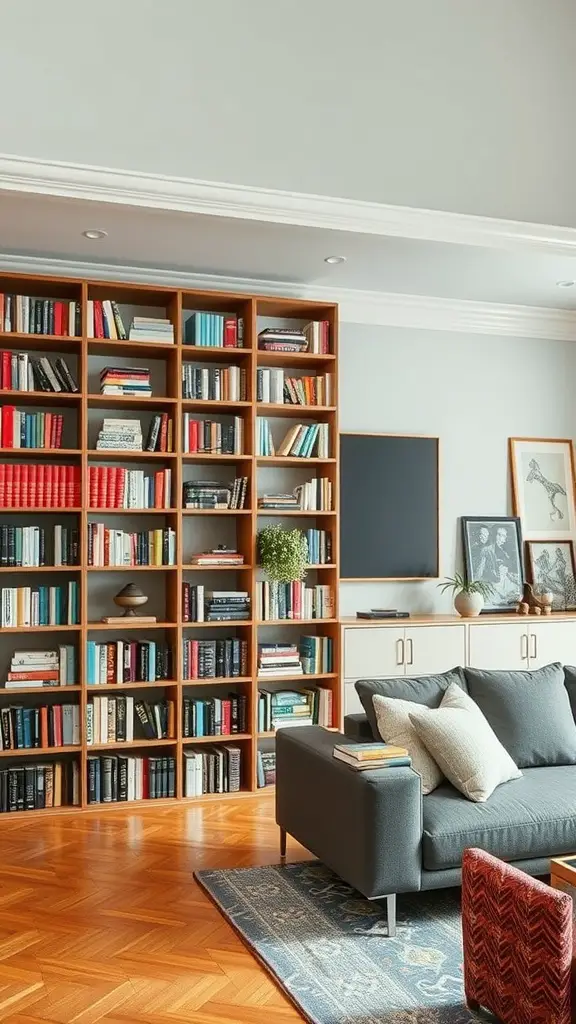 23+ Creative Book Storage Ideas for Every Space 6 A stylish bookshelf acting as a room divider in a cozy living room, filled with books and decorative items.