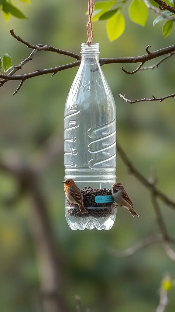 A clear plastic bottle bird feeder hanging from a branch with two birds perched on it.
