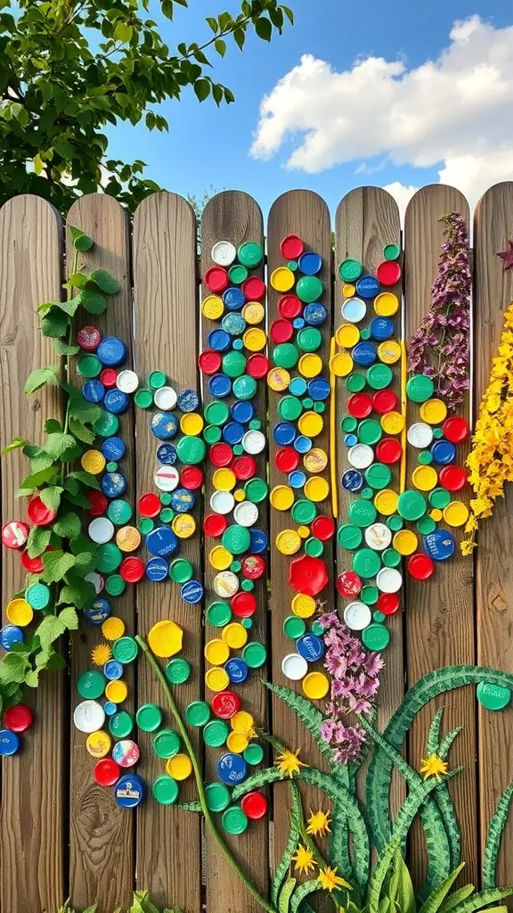 Colorful bottle cap mosaic art on a wooden fence, resembling flowers and greenery.
