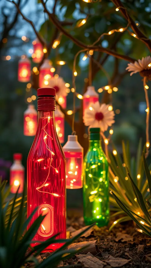 Colorful bottle lanterns with fairy lights hanging in a garden