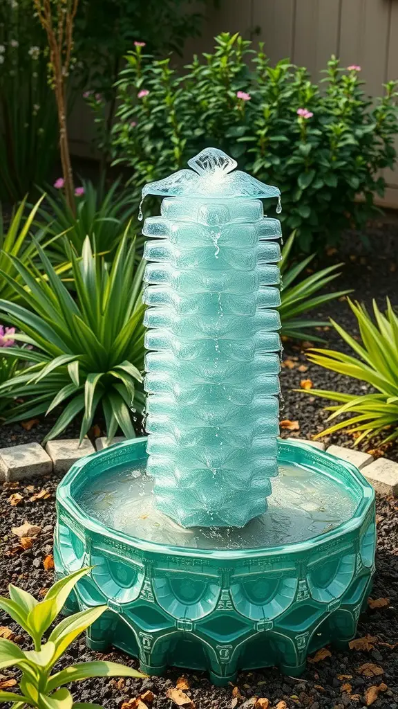 A decorative fountain made from stacked plastic bottles in a garden setting.