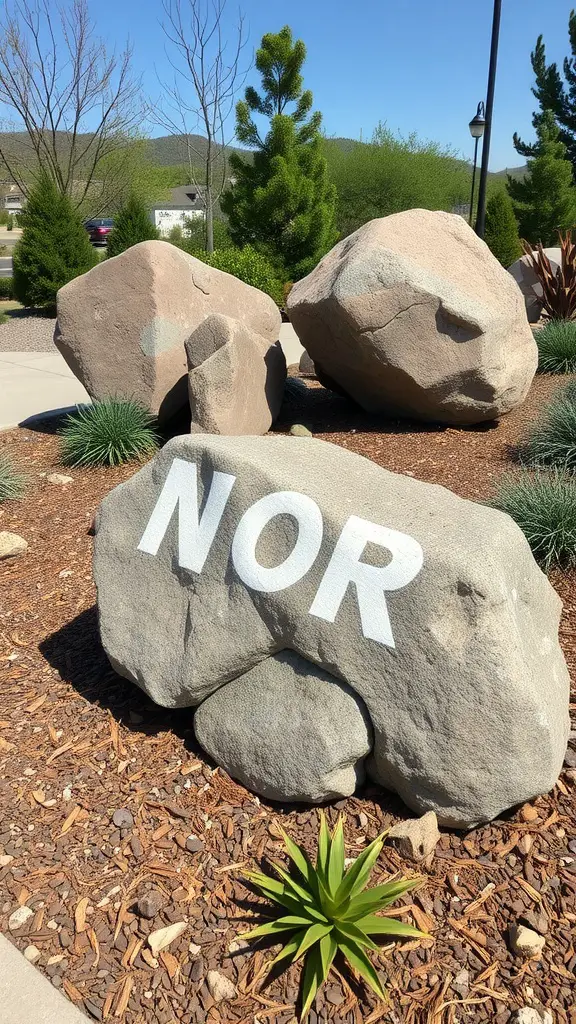 19 Creative Rock Landscaping Ideas for a Stunning Outdoor Space 6 Boulders placed in a landscaped garden with greenery and mulch.