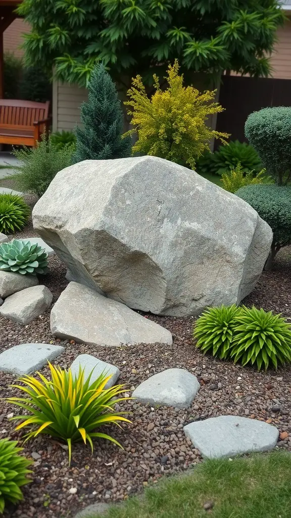 A large boulder surrounded by vibrant plants in a landscaped garden.