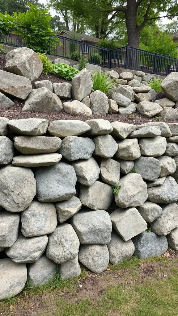 A retaining wall made of large boulders with plants growing around it.