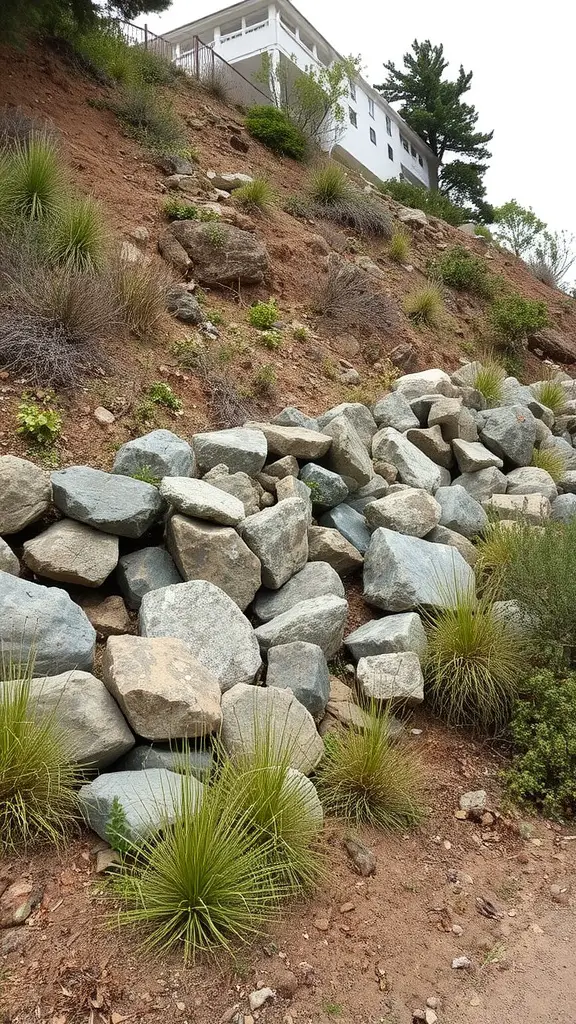 Boulders used for erosion control on a sloped landscape with surrounding greenery.
