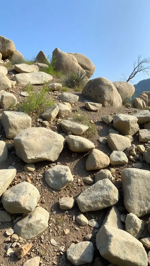 Rocky landscape with large and small boulders, providing habitat for wildlife.