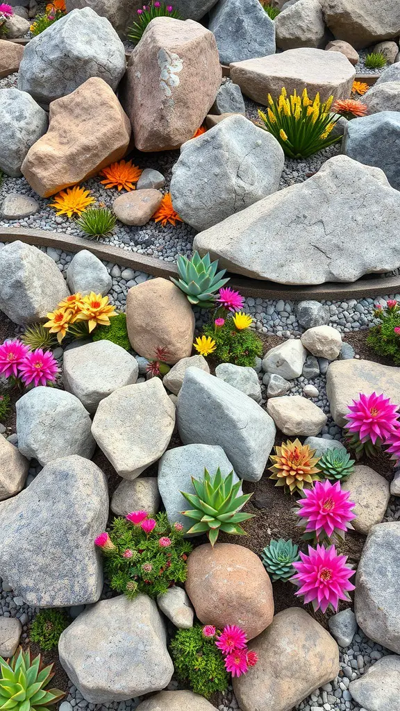 A rock garden featuring various boulders and colorful flowers, showcasing a vibrant and natural landscape.