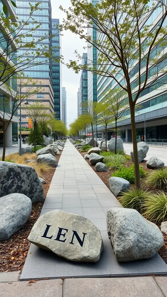 A modern urban pathway lined with boulders and trees, surrounded by tall buildings.