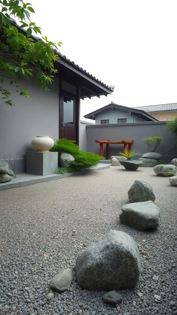 A serene Zen garden featuring boulders, gravel, and greenery.
