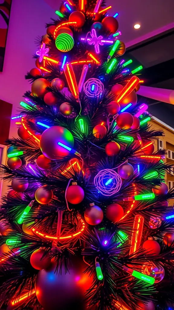21 Creative Christmas Tree Ideas for a Cozy Fall Celebration 10 A Christmas tree decorated with bright neon colors and lights, featuring colorful ornaments and glowing elements.